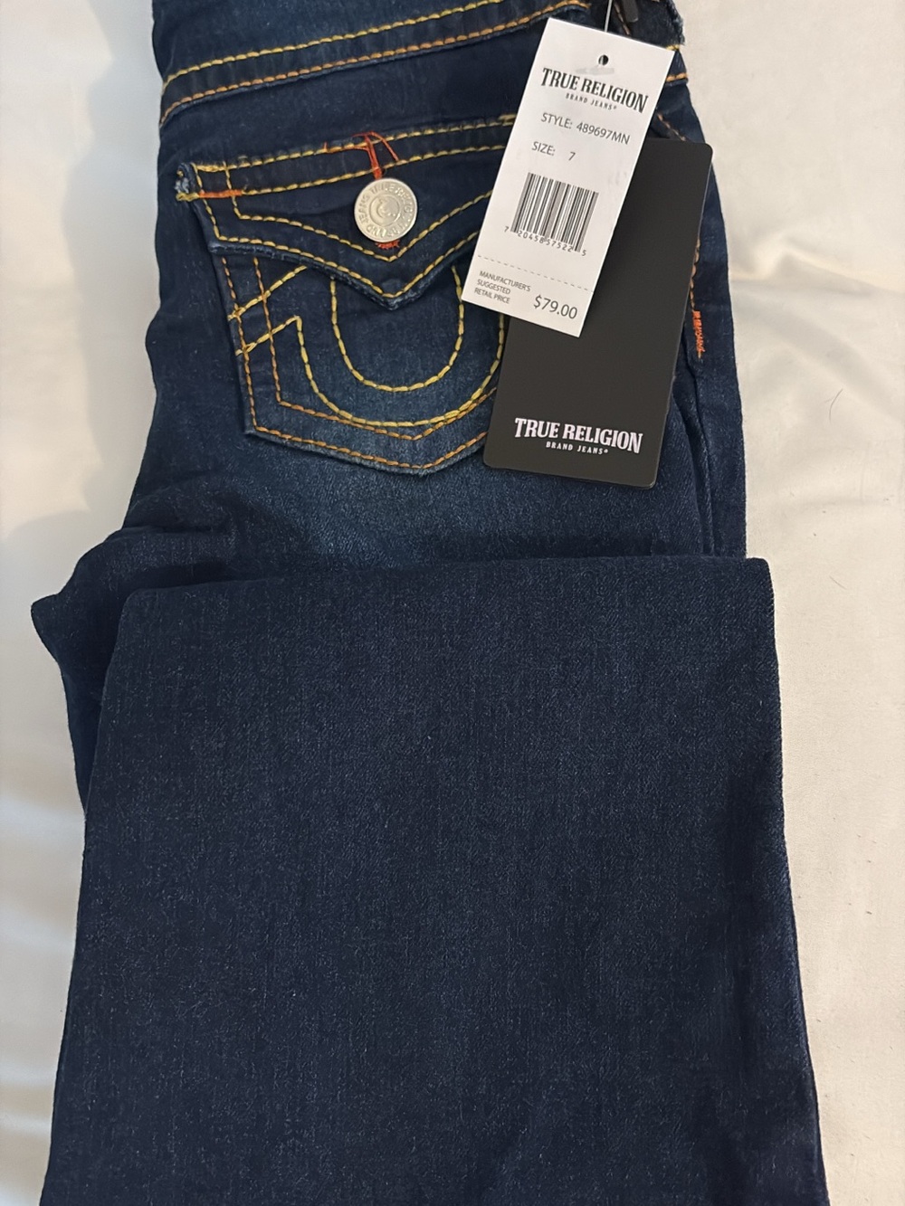 True Religion kids Indigo Slim Straight Jeans with Contrast Stitching